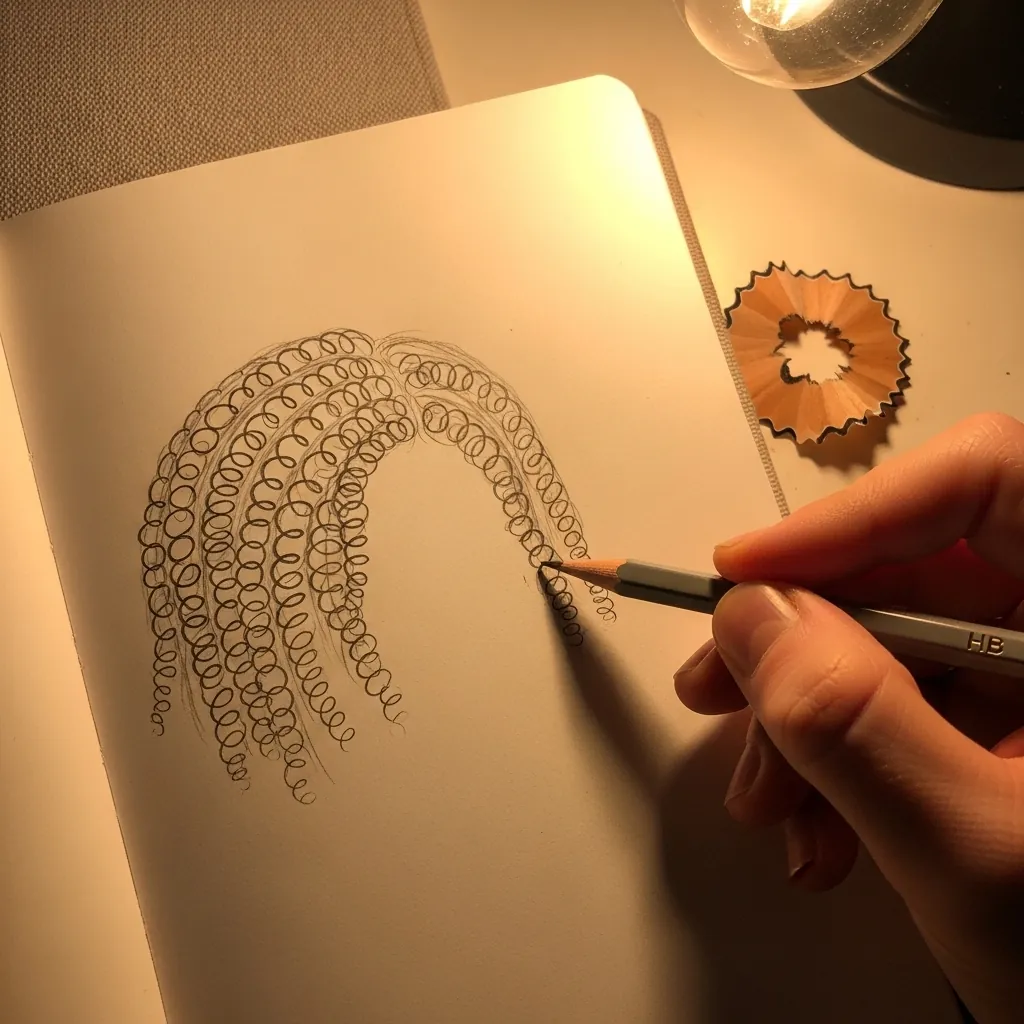 Beginner drawing rows of textured braids in fine pencil