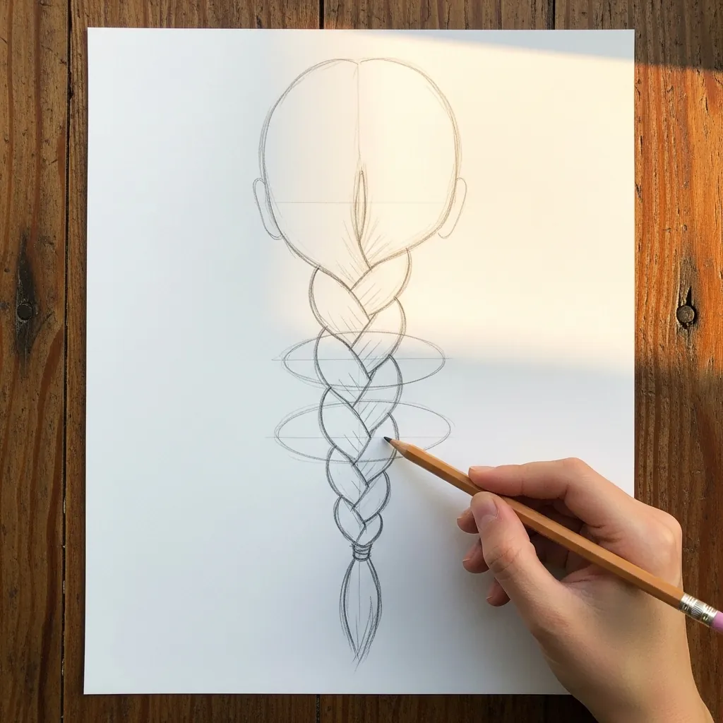 Beginner drawing a single braid running down the back of the head