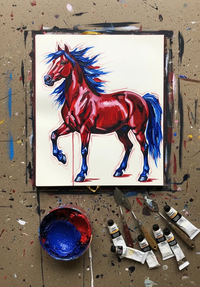 Expressive marker horse split between deep red and cobalt blue with drips