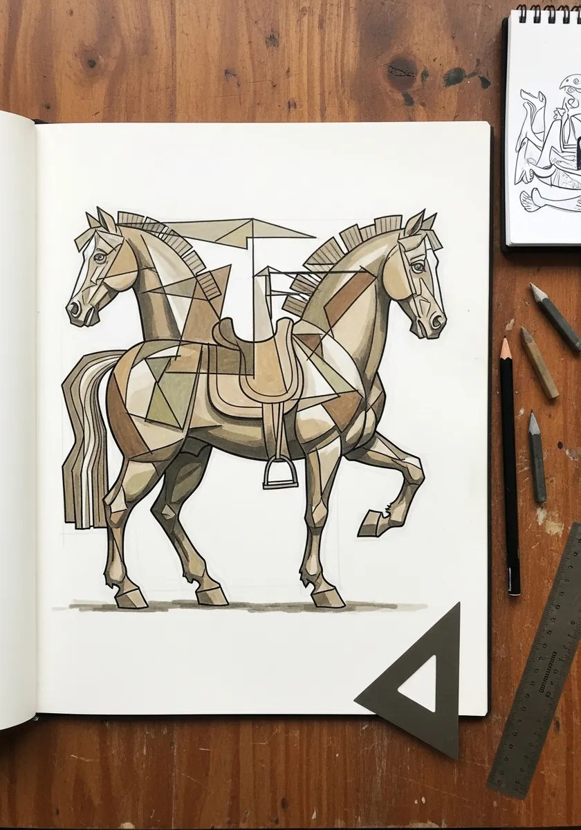 Tan geometric art deco horse with a saddle built from angular planes