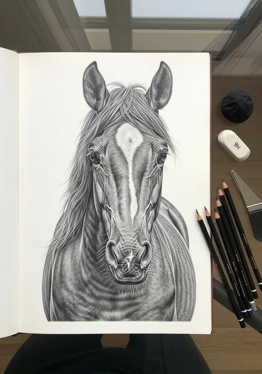 Realistic graphite drawing of a horse head viewed directly from the front