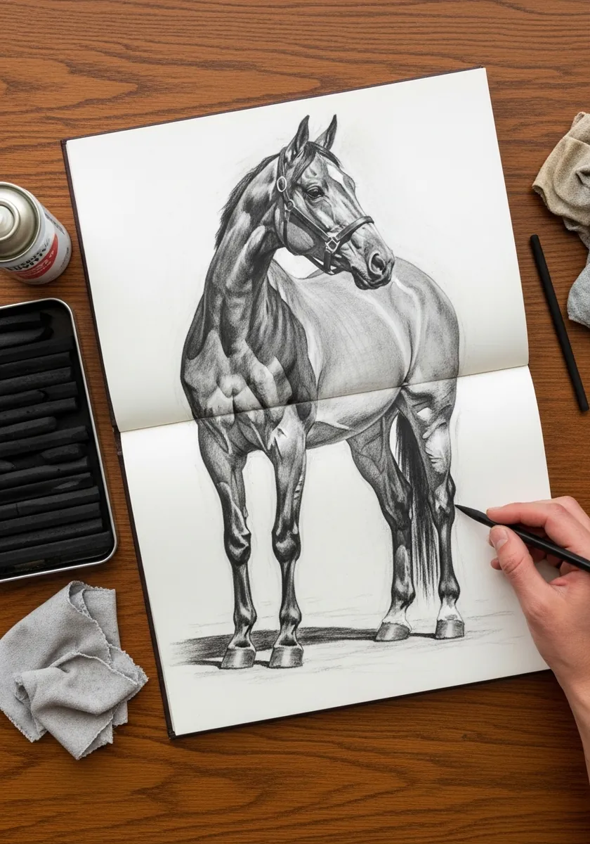 Realistic graphite study of a standing horse rendered with soft blended shading