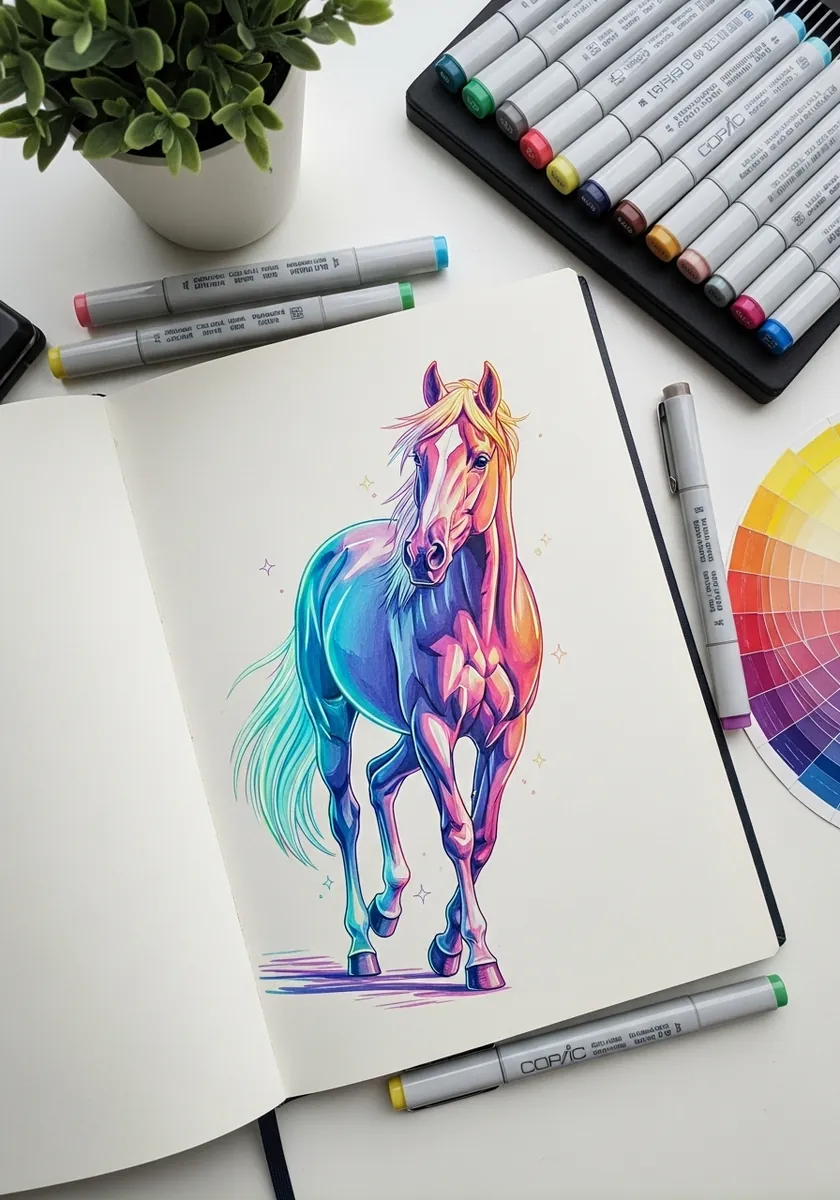 Bright neon gradient marker horse galloping with a pink and blue mane