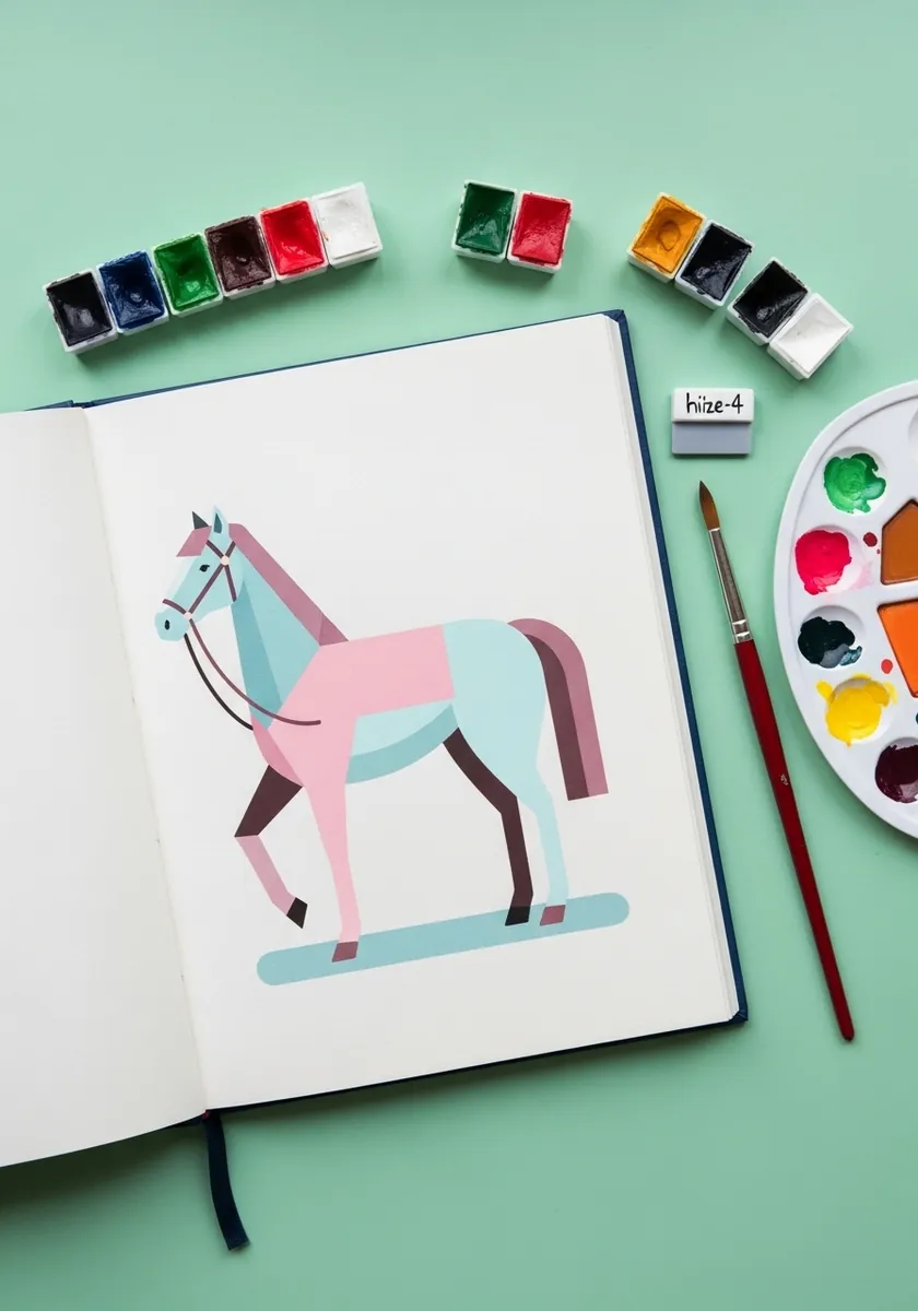 Simple flat pastel colored rocking horse in pink and teal on mint background