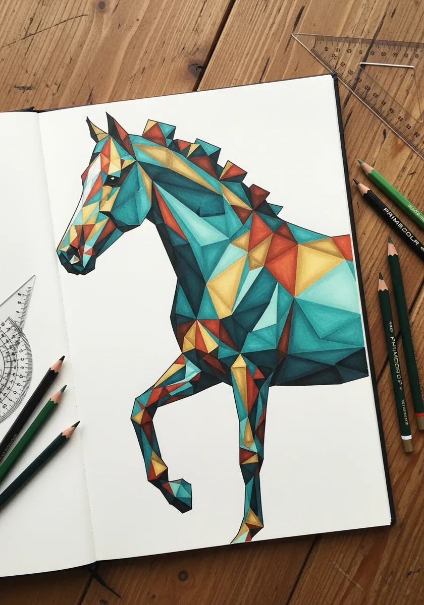 Angular horse formed from teal orange and red triangles like cut crystal
