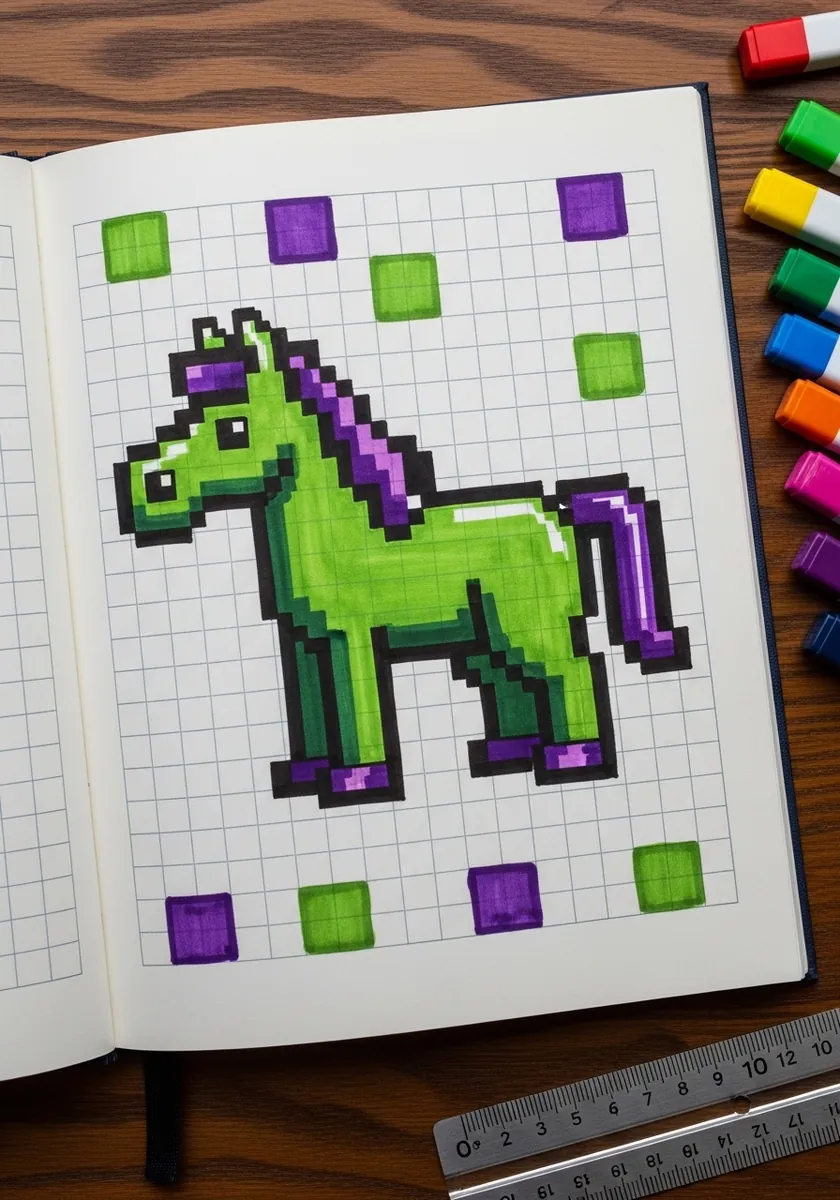 Green and purple pixel art horse drawn square by square on graph paper