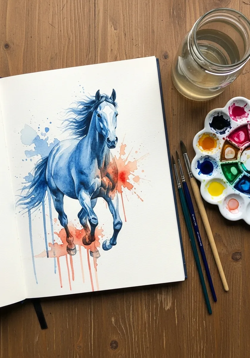 Blue watercolor horse with orange splatter accents and loose running paint