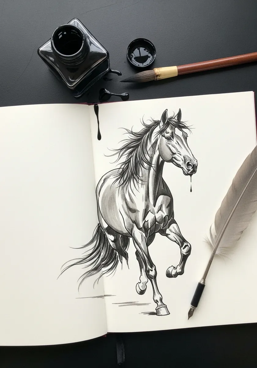 Loose ink gesture drawing of a rearing horse made with a quill pen