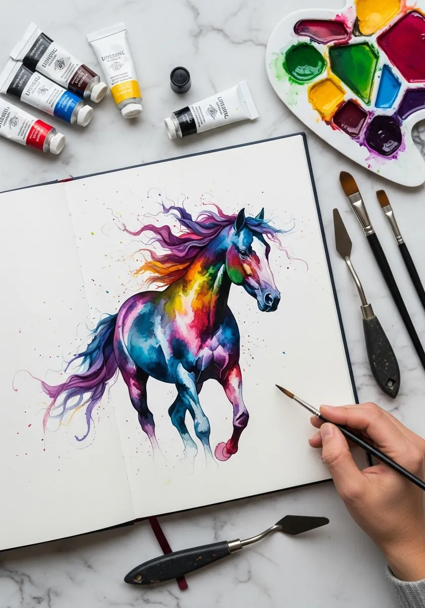 Vivid rainbow watercolor horse with splattered paint and a flowing mane