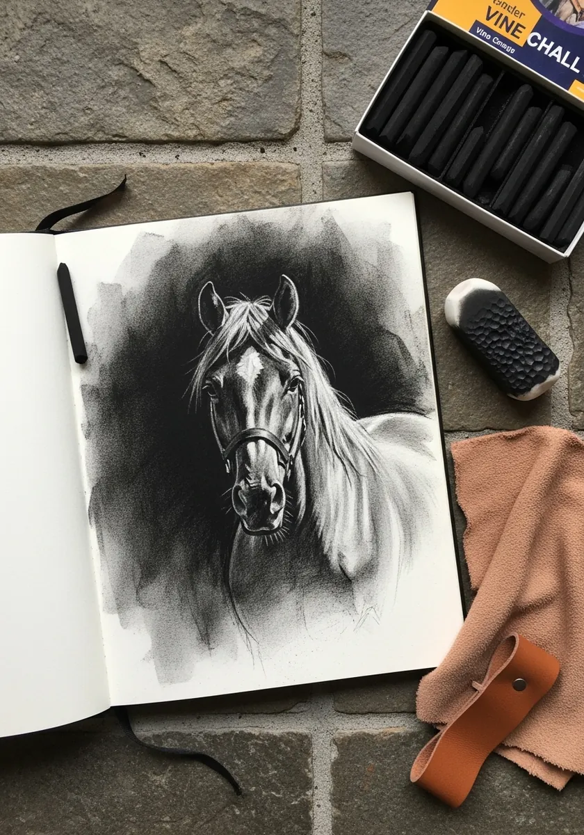 Charcoal horse head with a pale mane drawn on warm toned gray paper