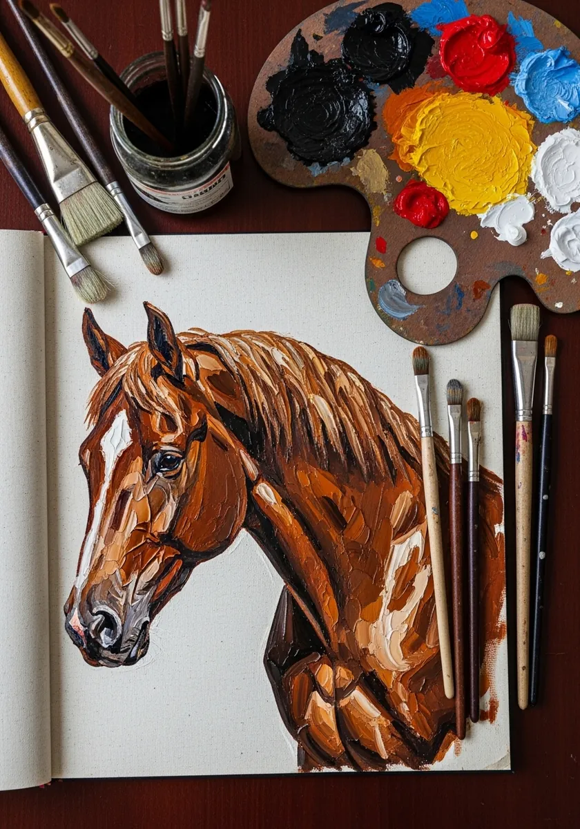 Rich chestnut brown horse head portrait rendered in layered colored pencil
