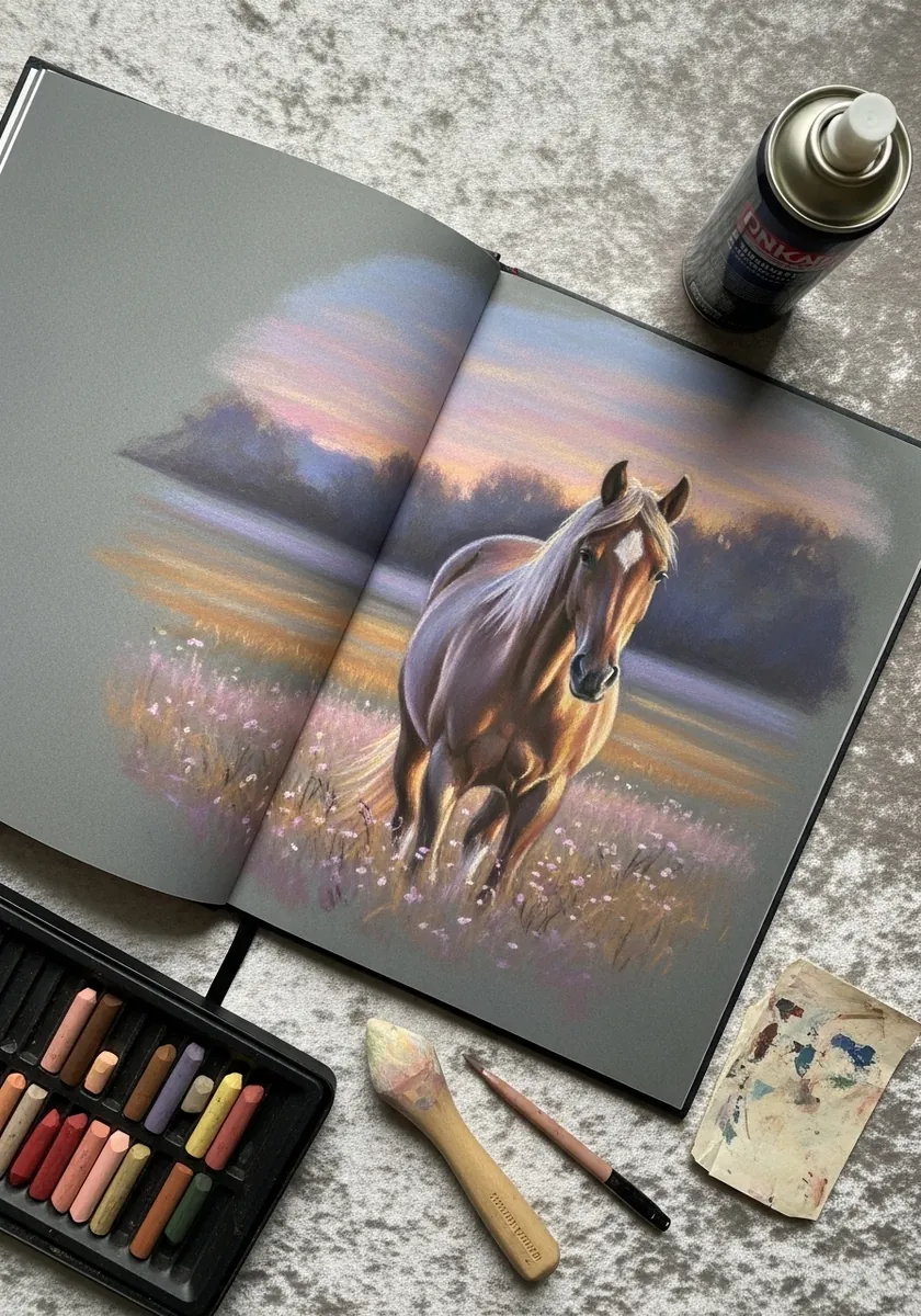 Soft pastel horse standing in a misty field at dawn with muted colors