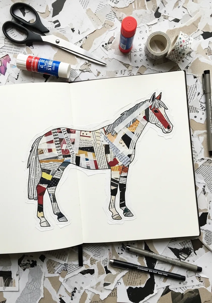Horse built from torn magazine paper fragments collaged on white paper
