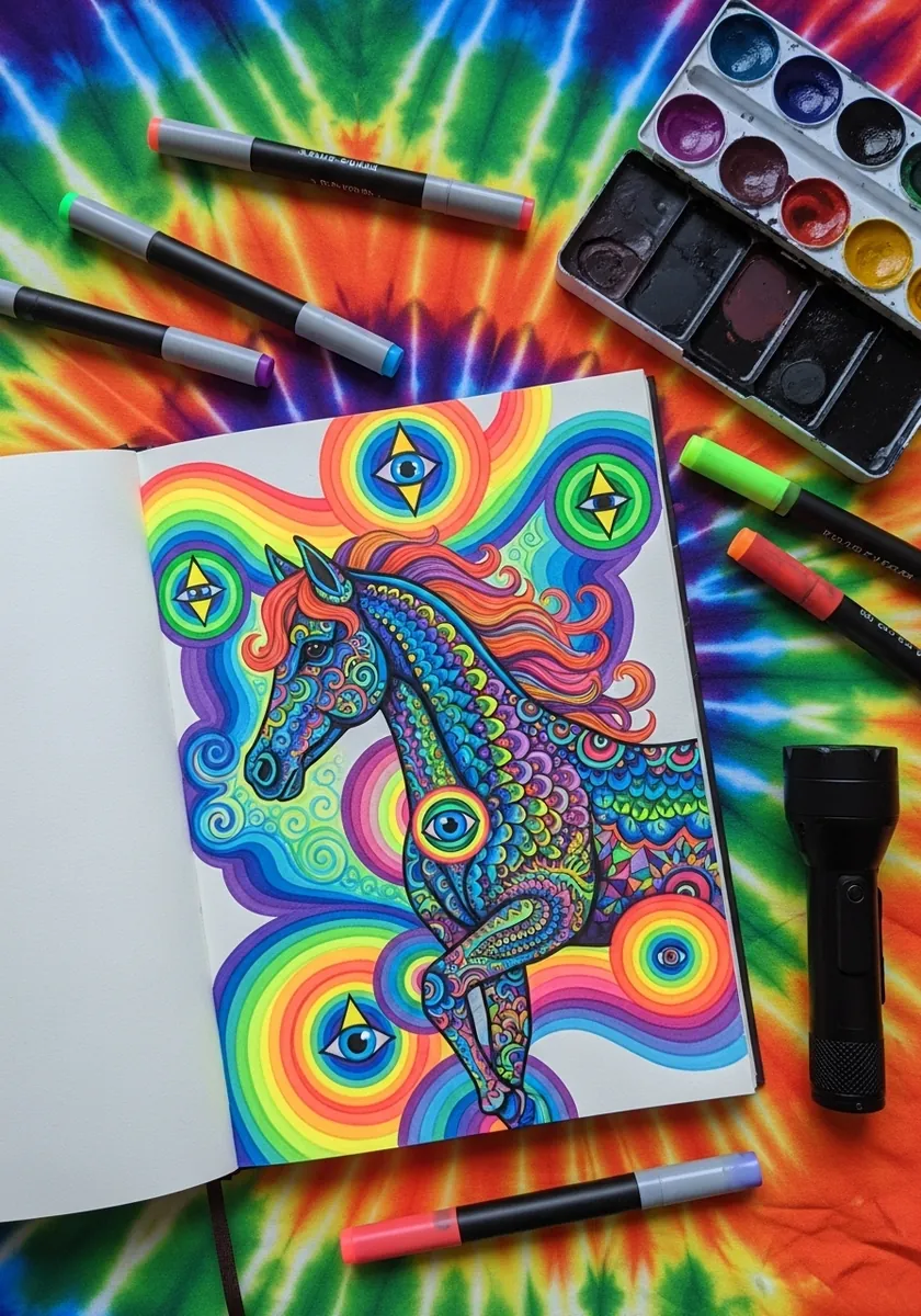 Rainbow psychedelic horse covered in swirling patterns on a tie-dye background