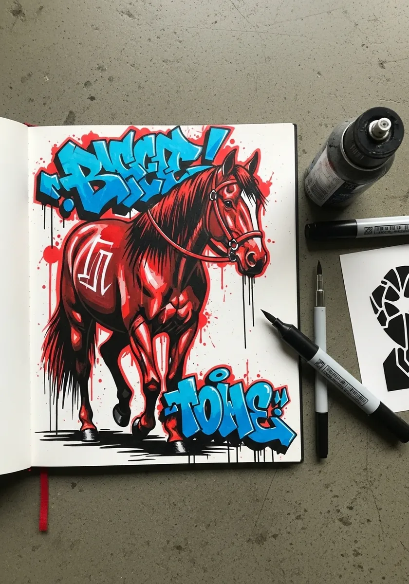 Dark red graffiti style horse with a spray tag and drips on a concrete wall