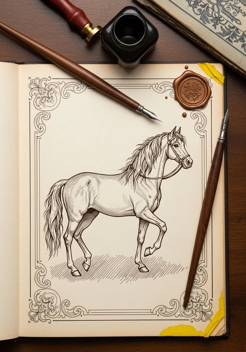 Fine ink horse in vintage engraving style inside an ornate decorative border