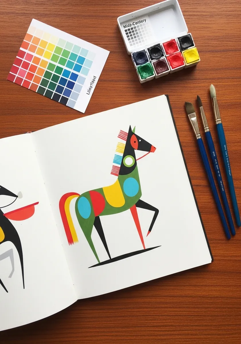 Flat geometric horse made from primary colored rectangles circles and triangles