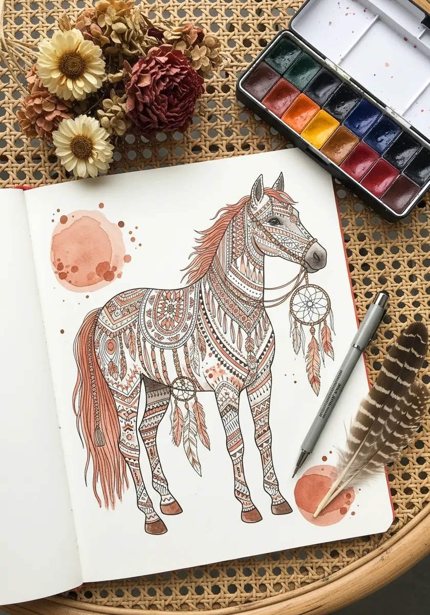 Ornamental sepia horse decorated with dreamcatcher feathers and fine patterning