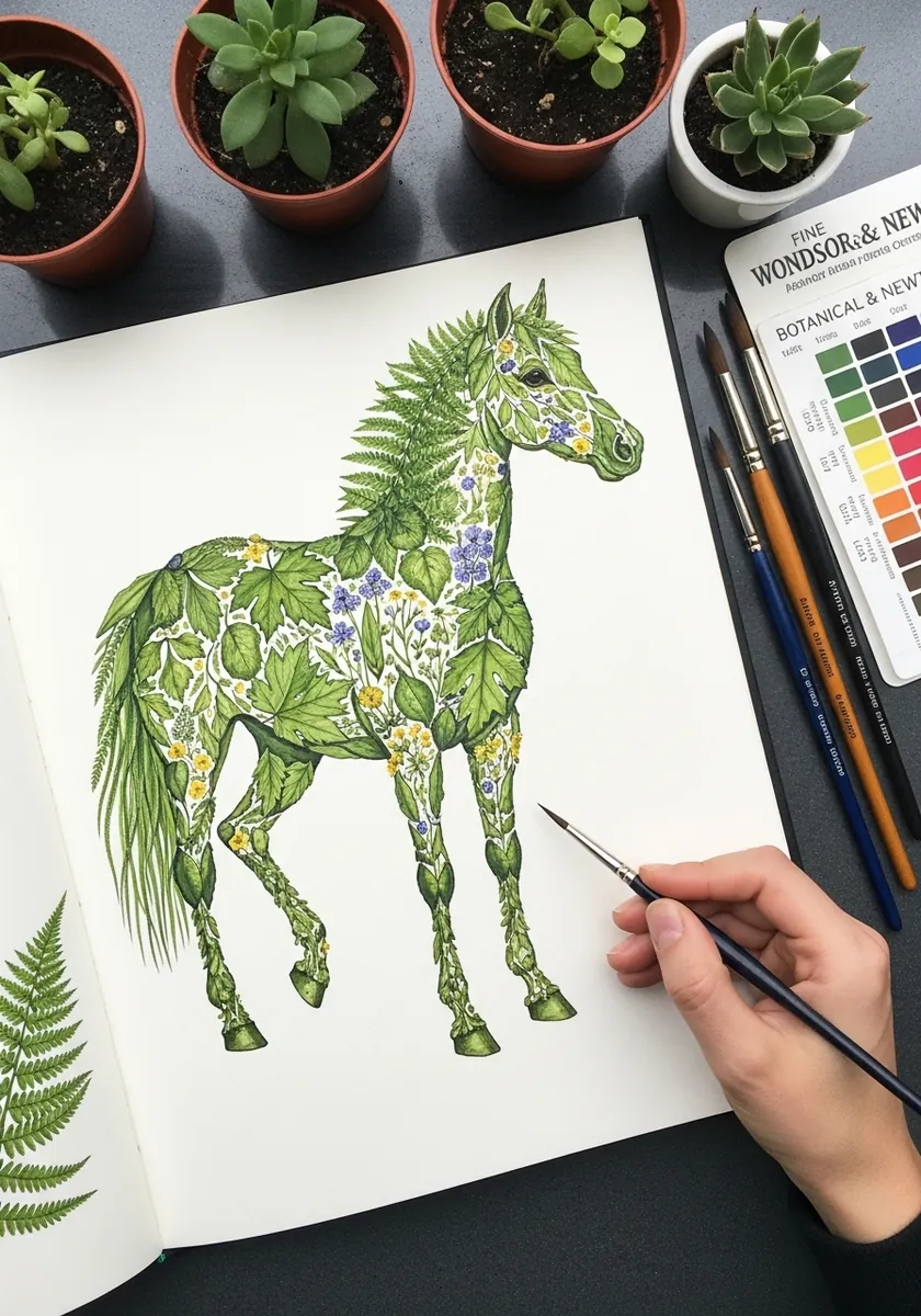 Green horse formed entirely from painted leaves ferns and small flowers