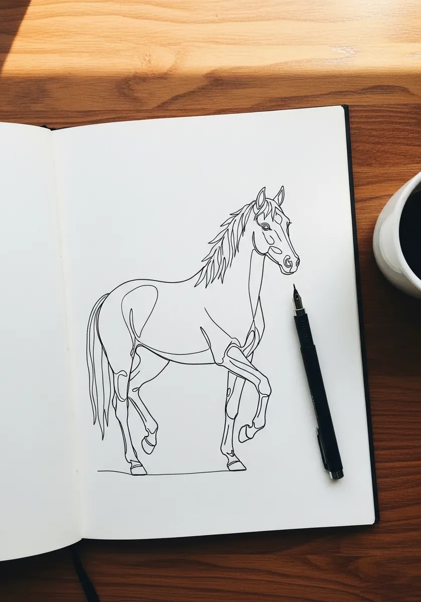 Simple black contour line drawing of a standing horse on white sketchbook paper