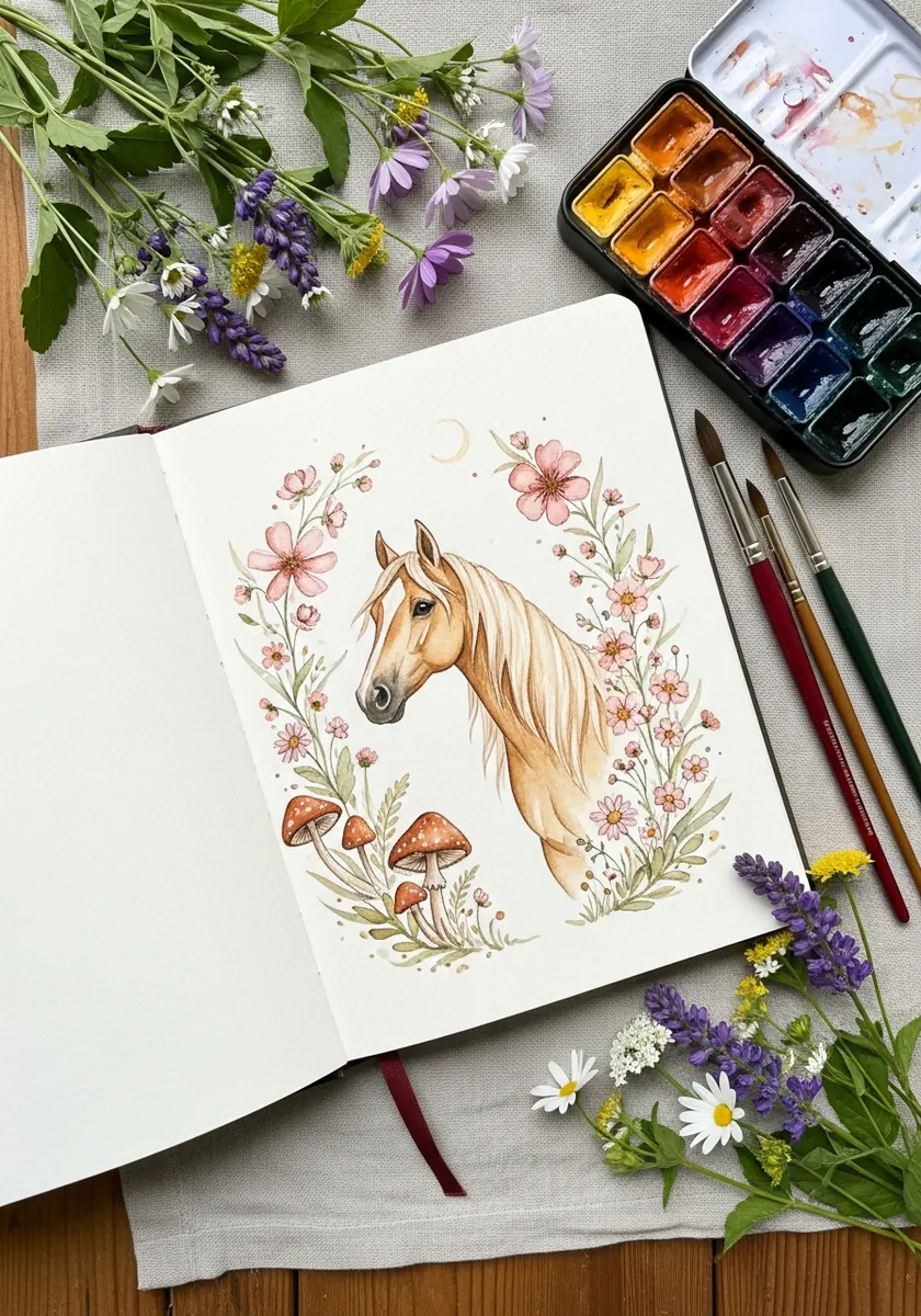 Pale watercolor horse head framed by a wreath of soft pink and purple flowers