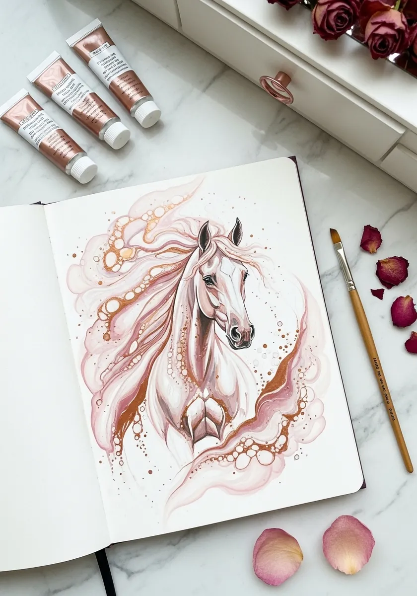 Delicate rose gold horse head with metallic gold ink dots and soft pink washes