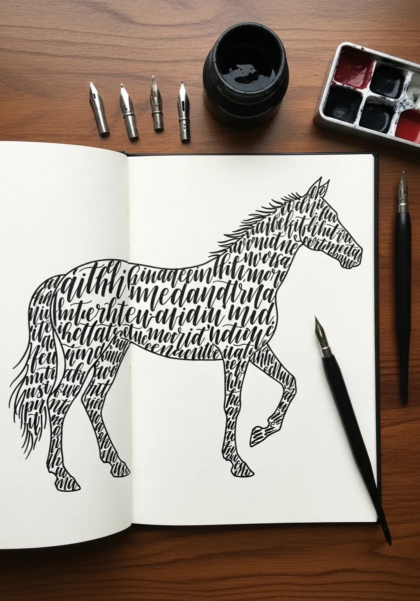 Black ink horse whose entire body is formed from dense handwritten script