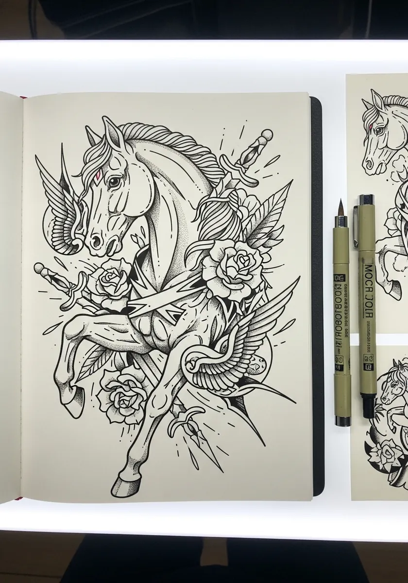 Bold ink tattoo flash horse with roses a dagger and heavy black shading