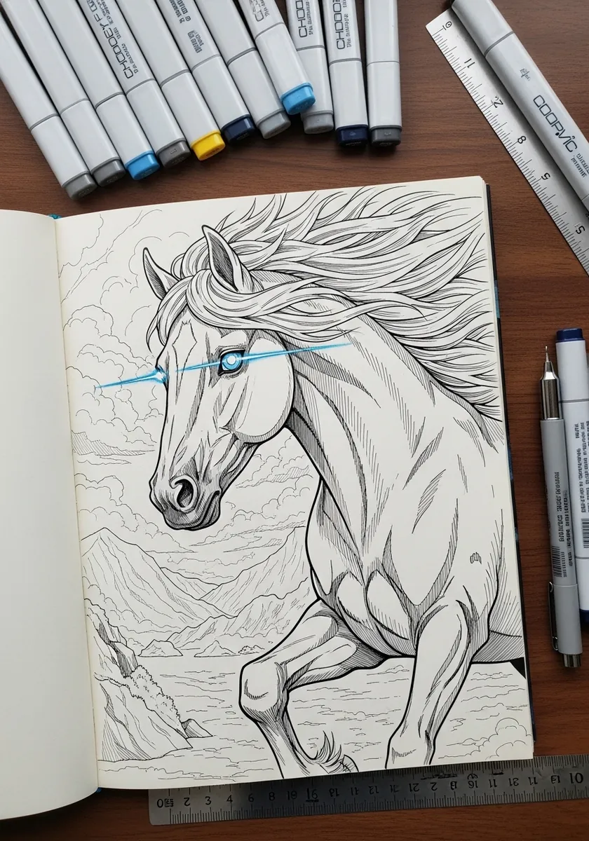 Fine marker line drawing of a galloping horse with partial gray shading
