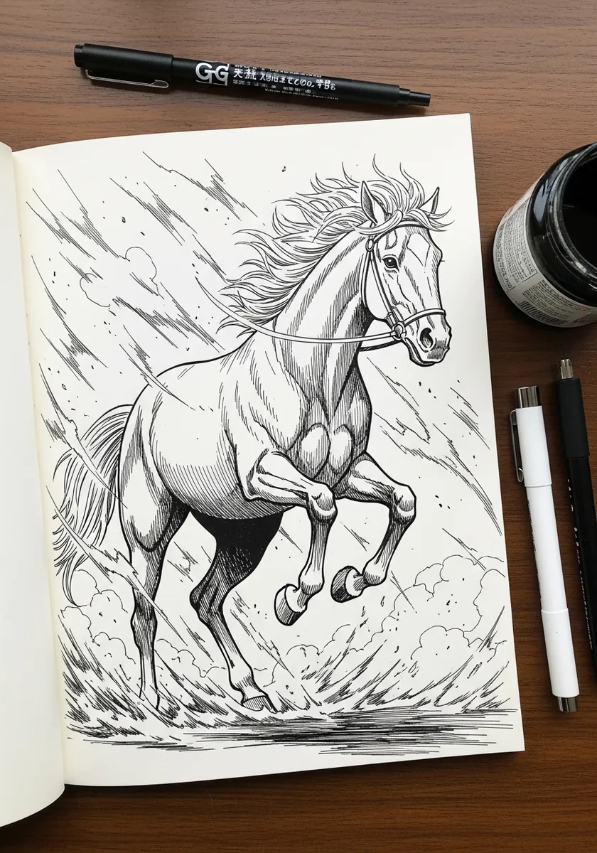 Detailed fine liner horse in mid stride with dense directional hatching