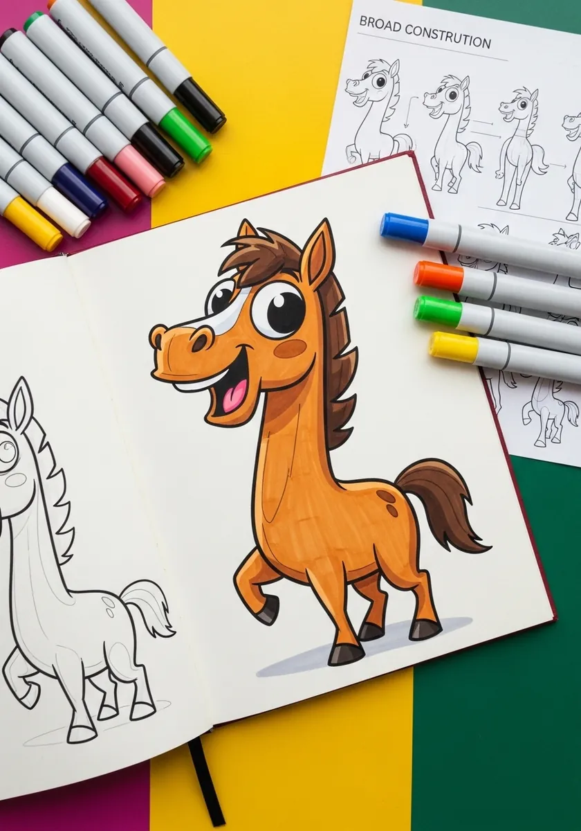 Bright cartoon horse with a big smile and bouncy mane drawn in marker