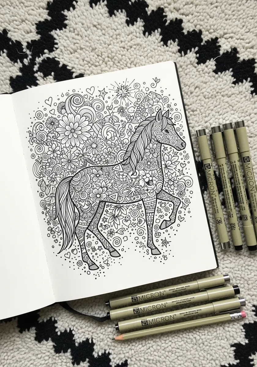 Horse filled with intricate zentangle floral patterns in fine black liner