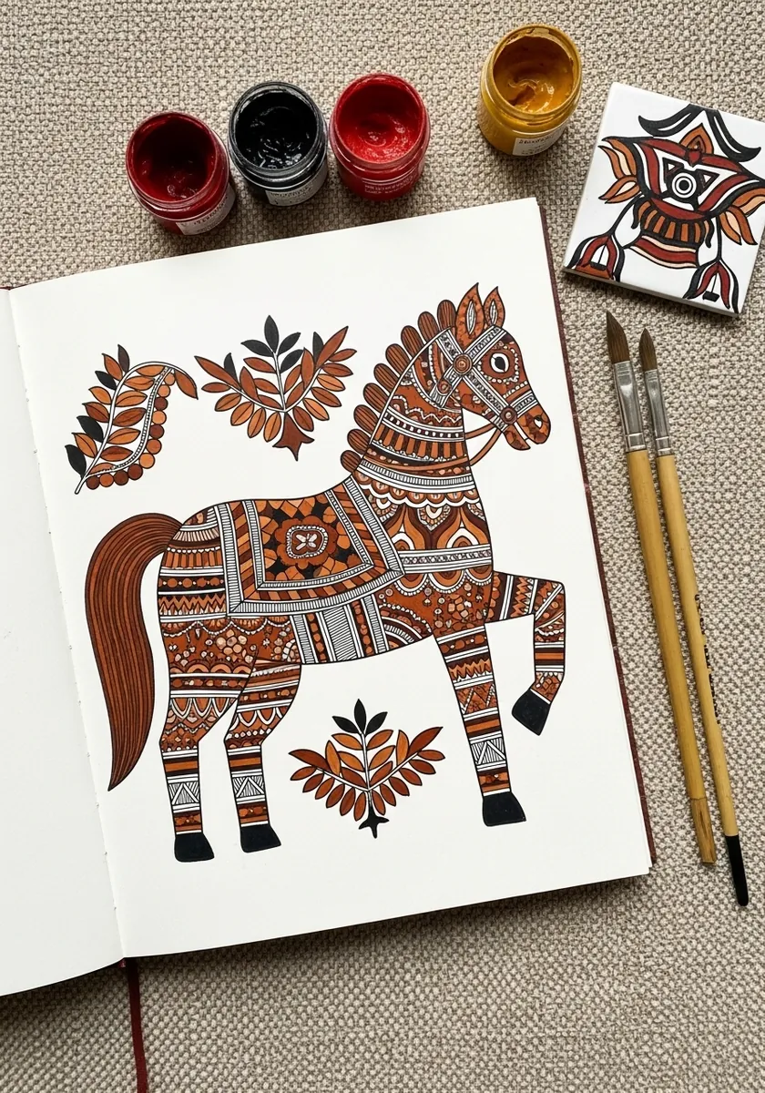 Traditional folk art horse in red and blue with symmetrical kurbits patterning