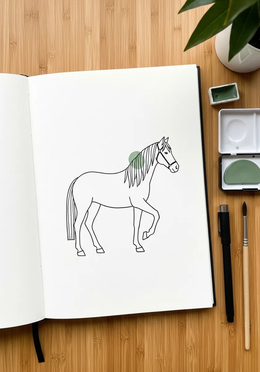 Small simple line drawing of a walking horse with a pale green mane