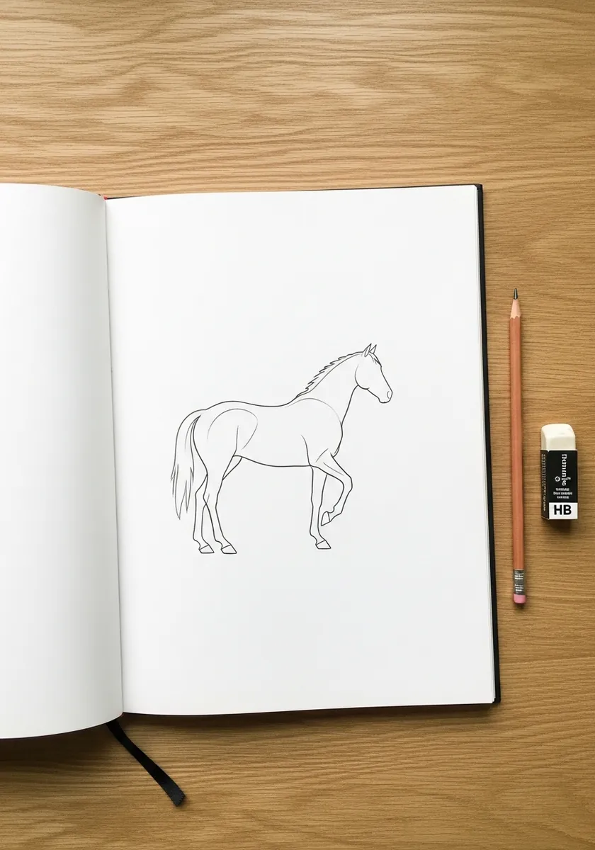 Light pencil construction sketch of a horse using simple circles and lines