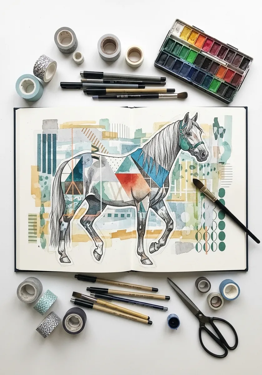 Graphite horse combined with washi tape geometric shapes and blue paper collage