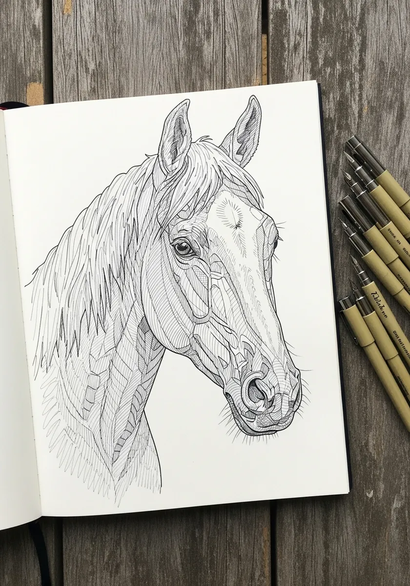 Detailed graphite horse head portrait with fine hatching and a flowing mane