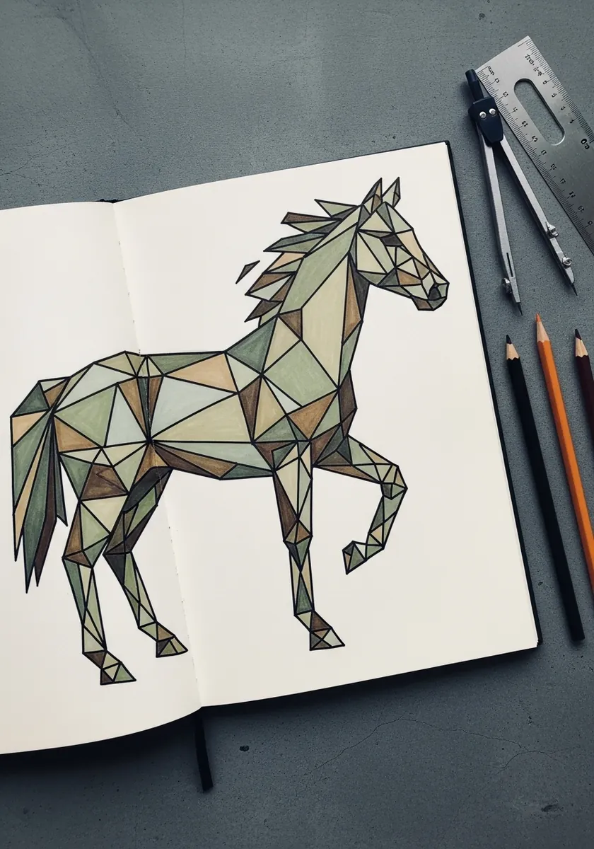 Olive and gray low poly horse built from flat triangular facets