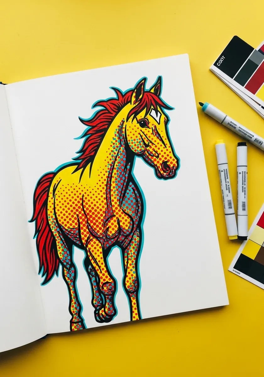 Bold yellow and red pop art horse with halftone dots and heavy black outline