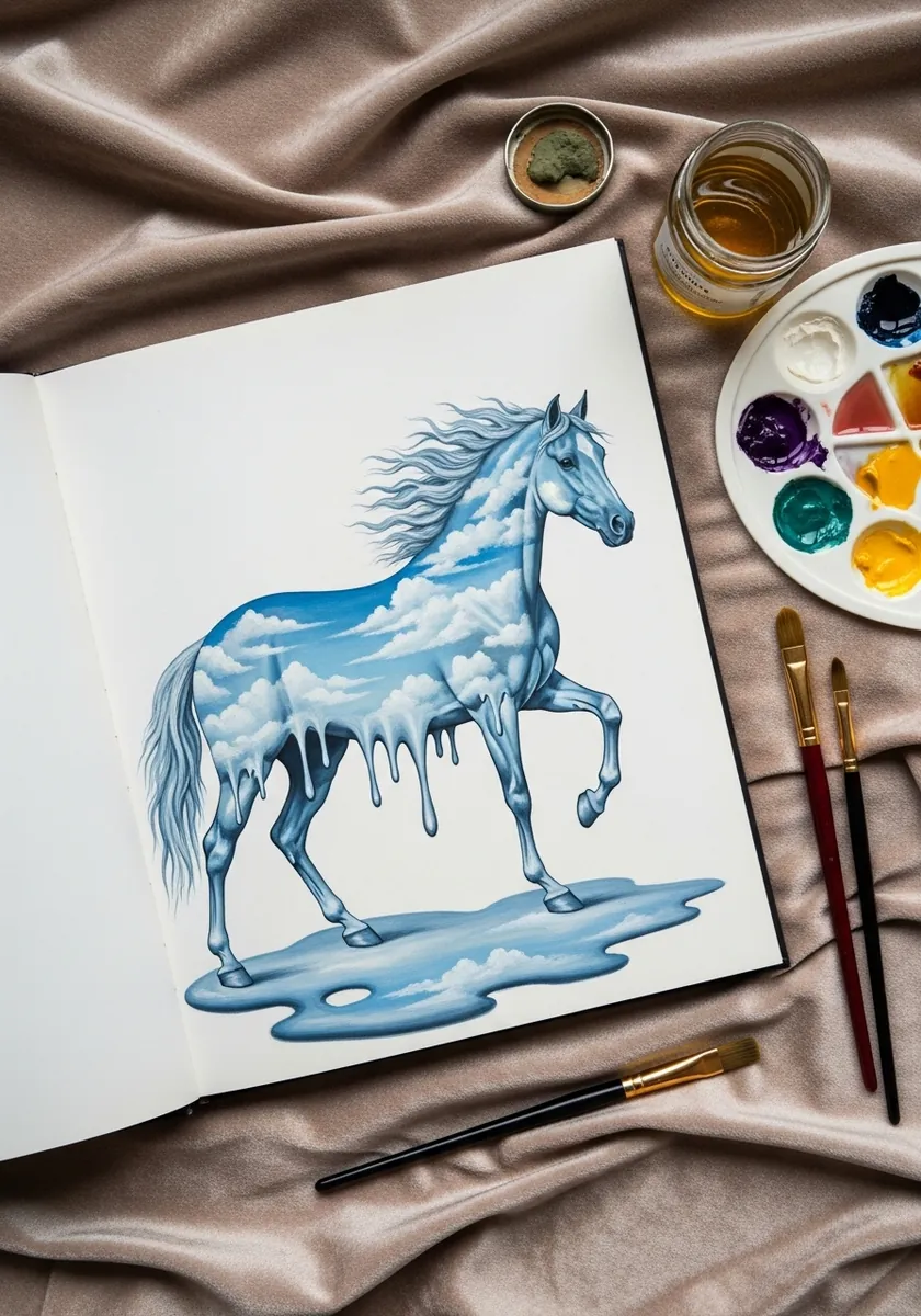 Icy blue horse illustration that appears to be melting into a puddle below