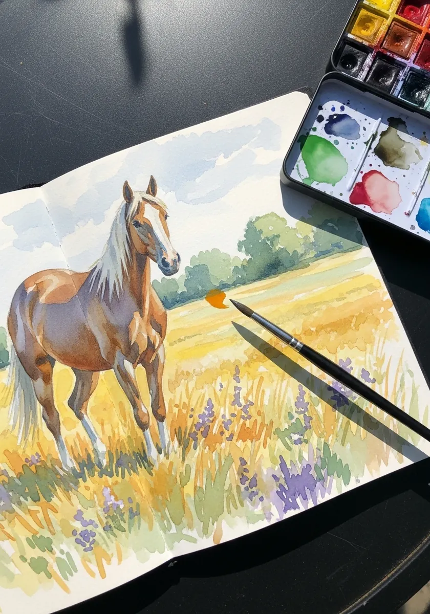 Watercolor palomino horse standing in a sunlit summer meadow with wildflowers