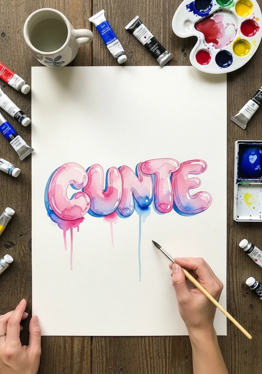 Soft pink and blue inflatable lettering painted in watercolor with paint drips