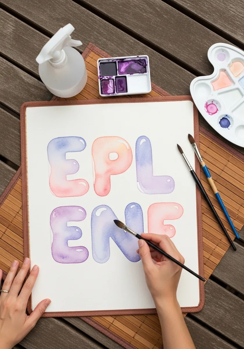 Pale lavender and peach inflatable letters painted in loose watercolor washes