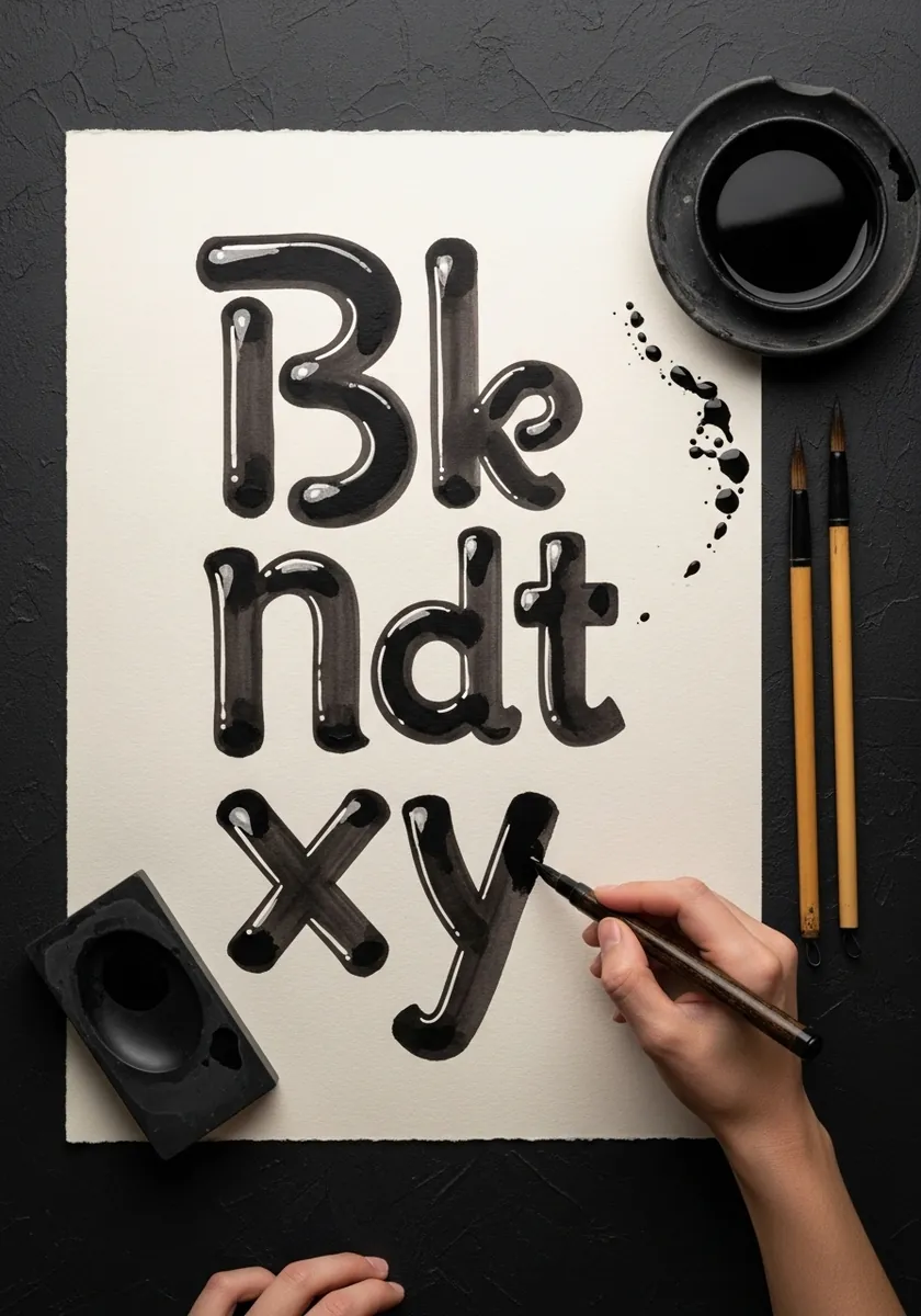Thick glossy black inflatable letters painted in ink on cream paper