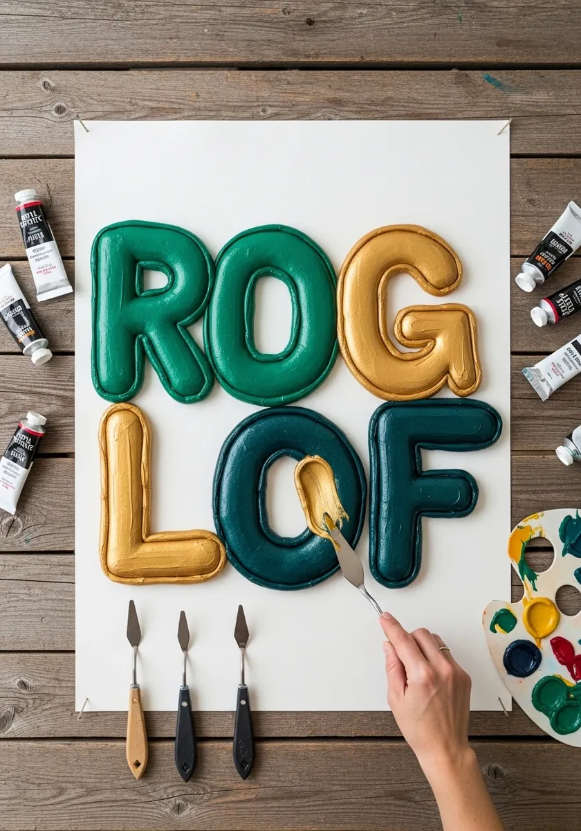 Inflatable letters painted in deep green and metallic gold with rounded knots