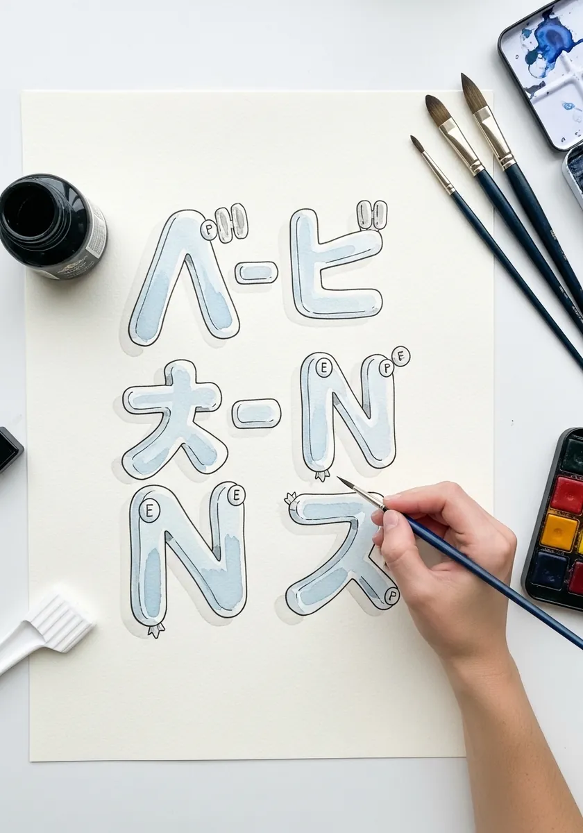 Light blue inflatable Japanese katakana characters with white highlights