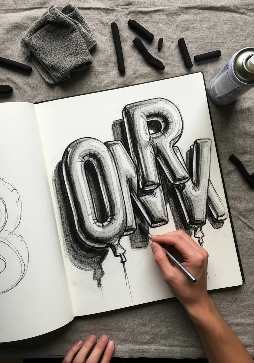 Detailed graphite chrome balloon letters with tied ends and sharp reflections
