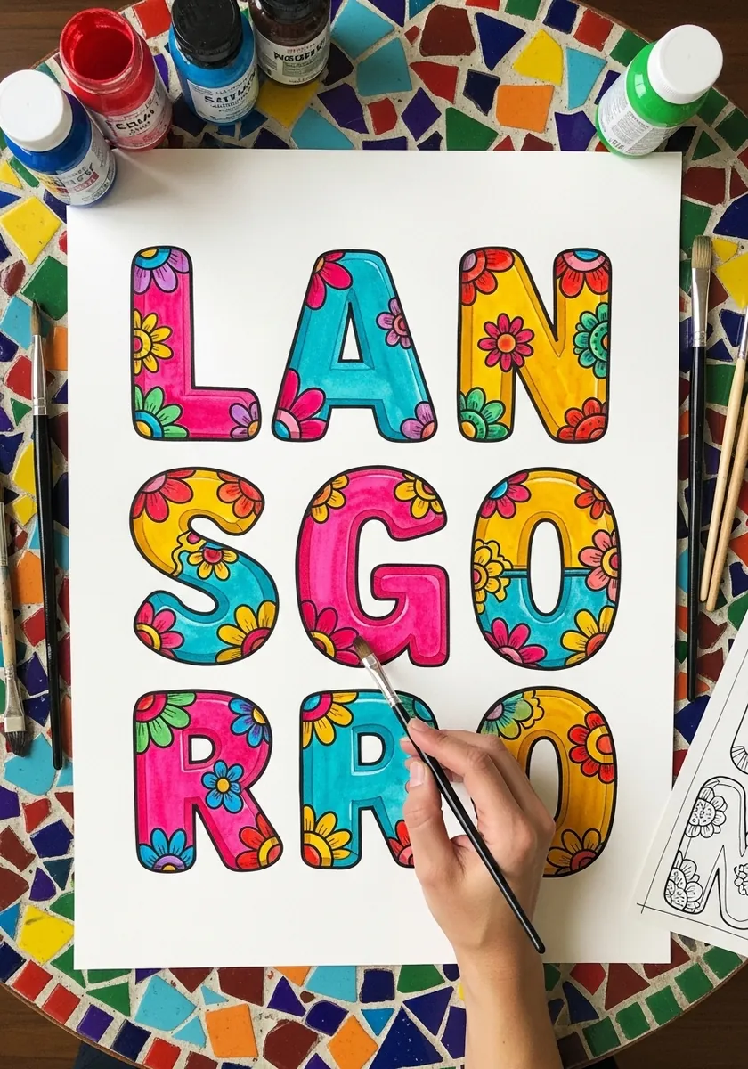 Chunky inflatable letters filled with colorful painted flowers and leaves