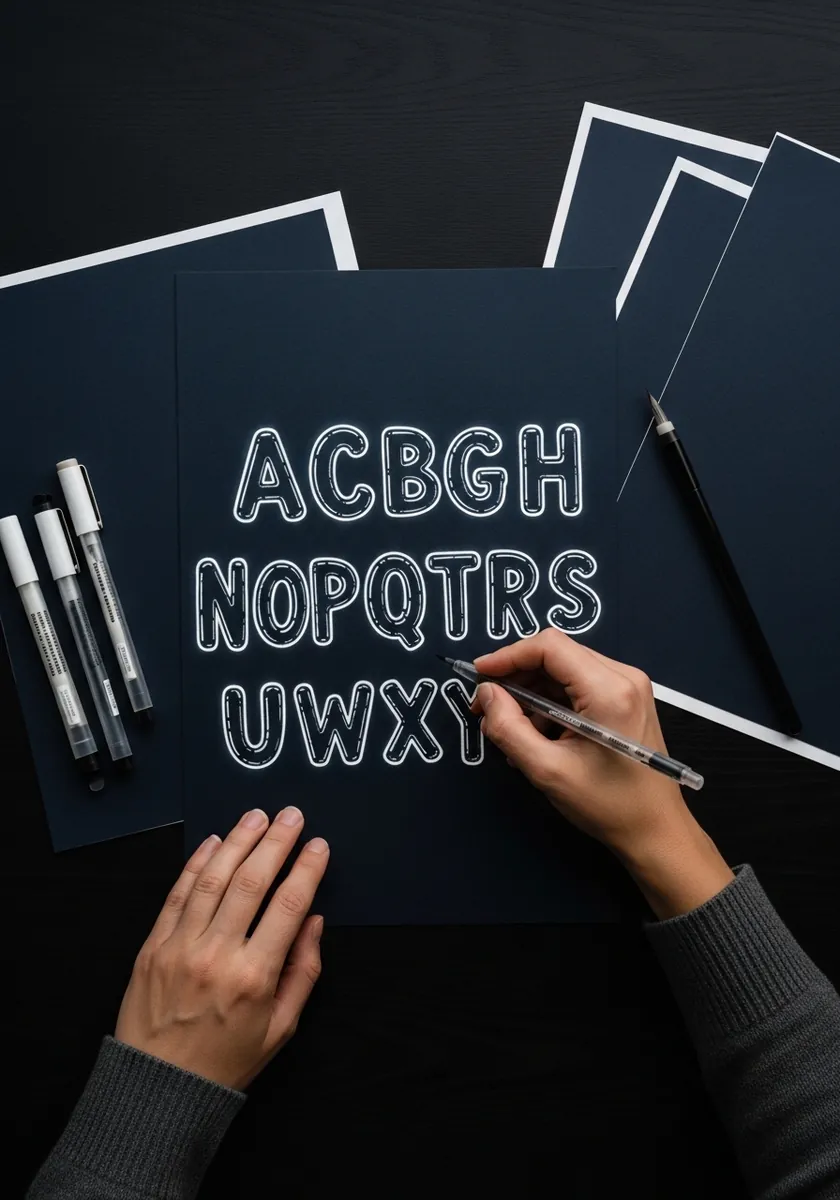 White chalk inflatable alphabet drawn on dark navy paper with markers