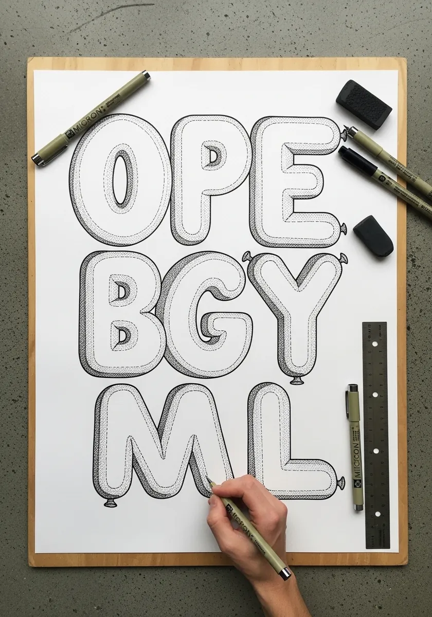 Rounded outline alphabet letters drawn in pencil on white paper with a ruler